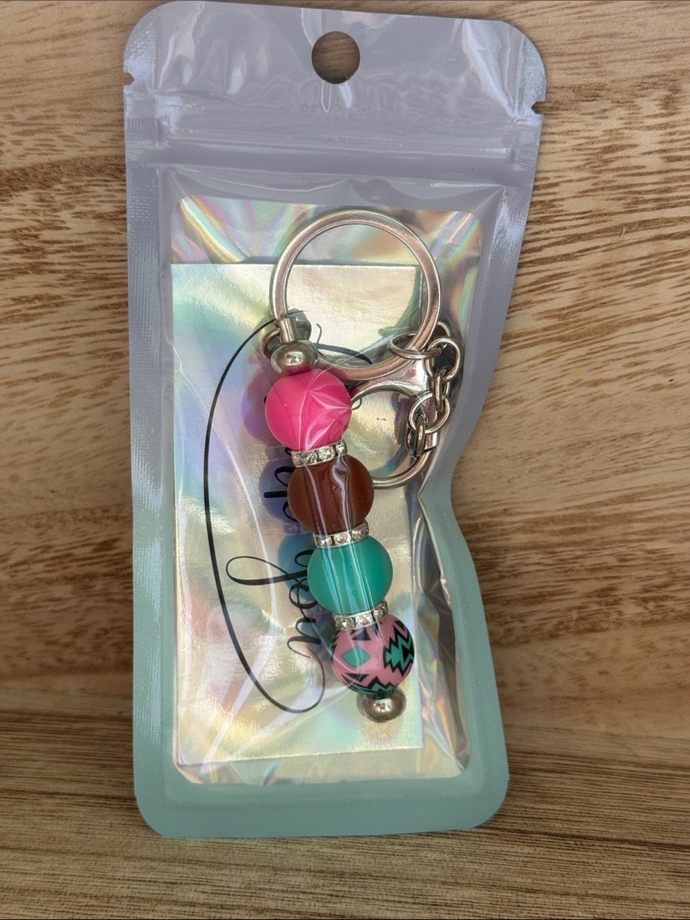 Beaded Multicolor Keychain - Pink, Brown, Teal - Women Accessories